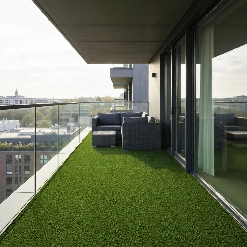 Artificial grass laid on a balcony floor by JK Interior in Bihar