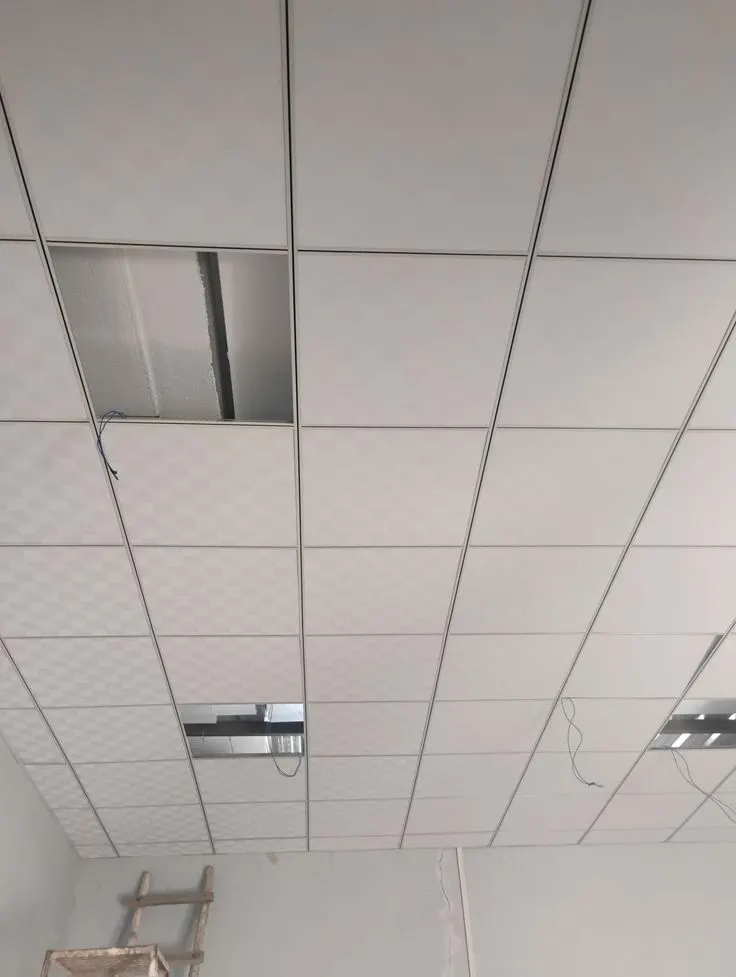 Grid ceiling with lay-in tiles in a commercial space Grid ceiling with lay-in tiles in a commercial space