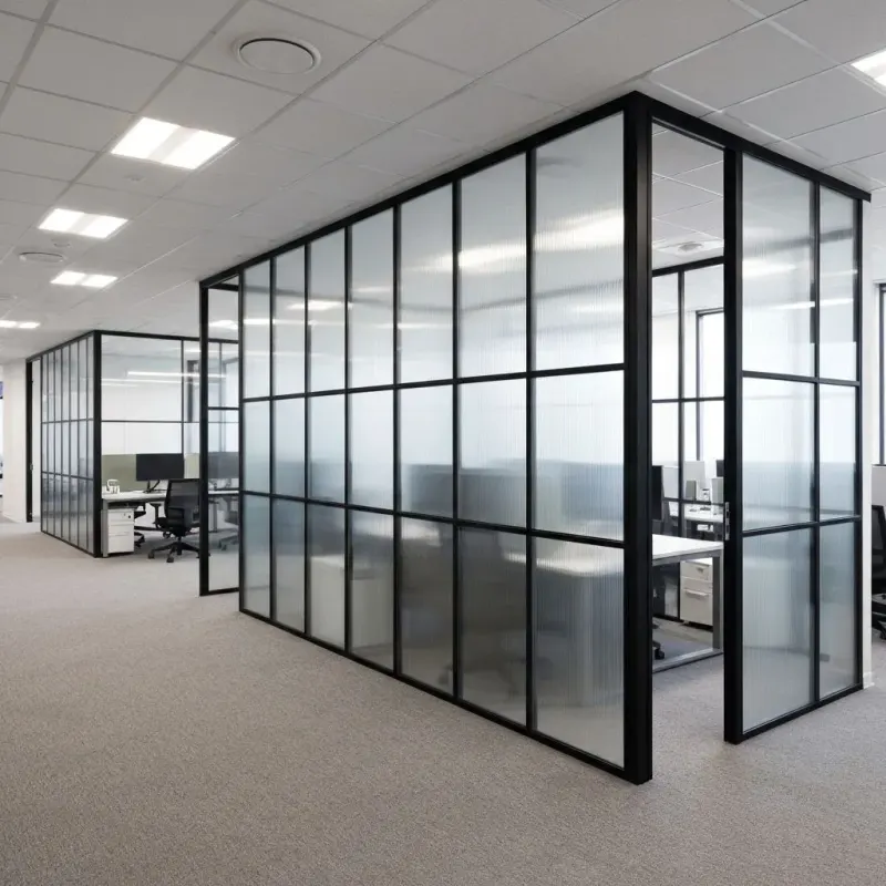 Framed glass partition forming office cabins on a carpeted floor