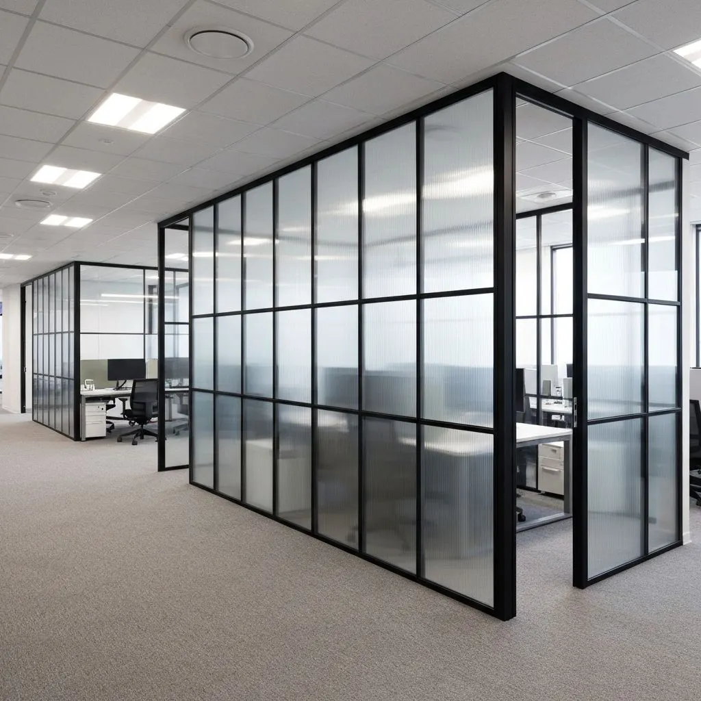 Toughened glass partition dividing office cabins, installed by JK Interior