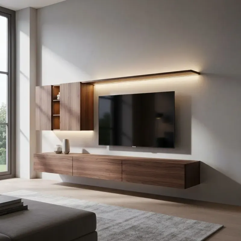 Modular TV unit with a wall-mounted TV