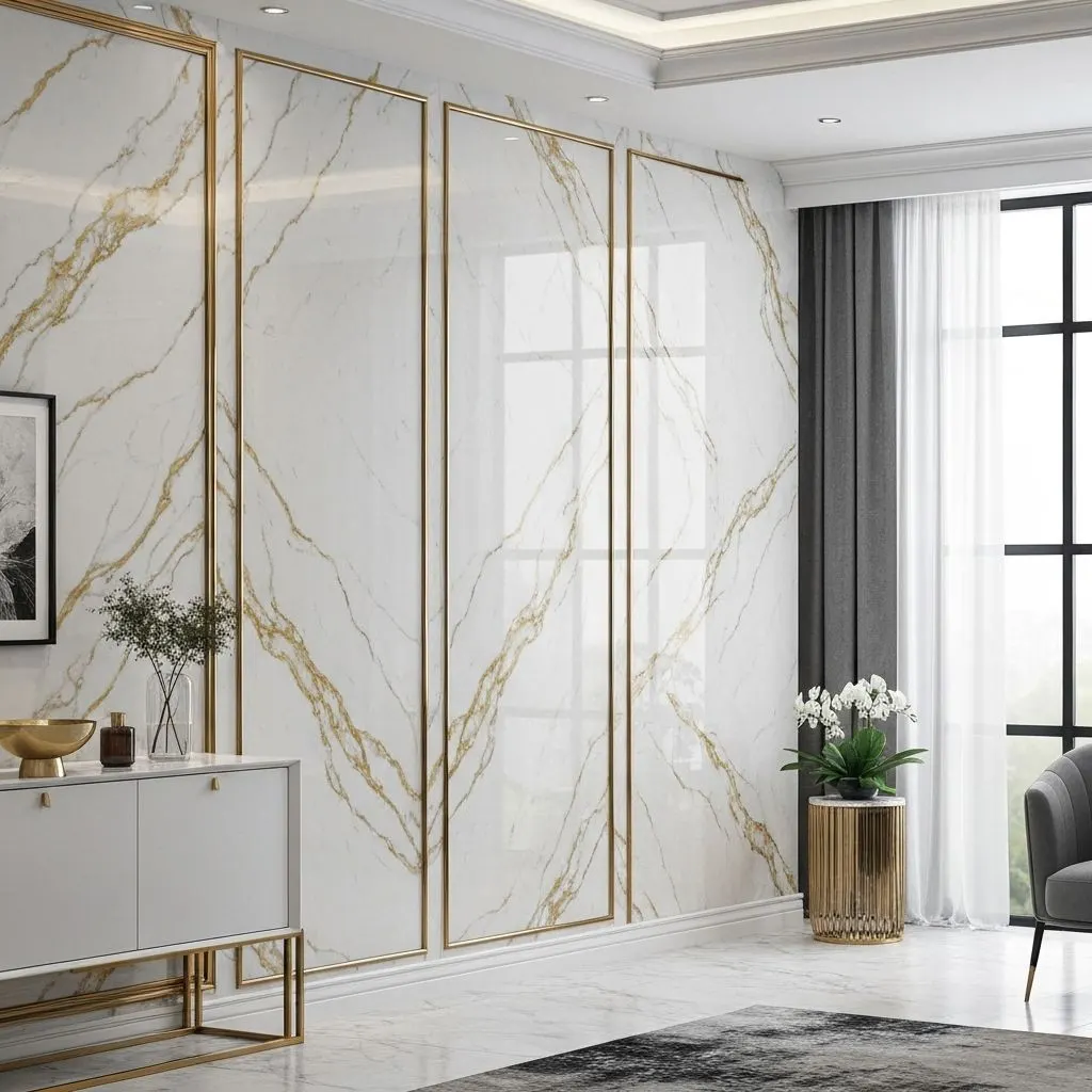 High-gloss UV marble sheet wall cladding in a bathroom by JK Interior